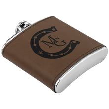 Load image into Gallery viewer, Personalized_Flask_Horseshoe_-_MG_Dk_Brown_Angle_Mockup.png