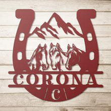 Load image into Gallery viewer, HorseShoe and Horses Personalized With Last Name Metal Sign